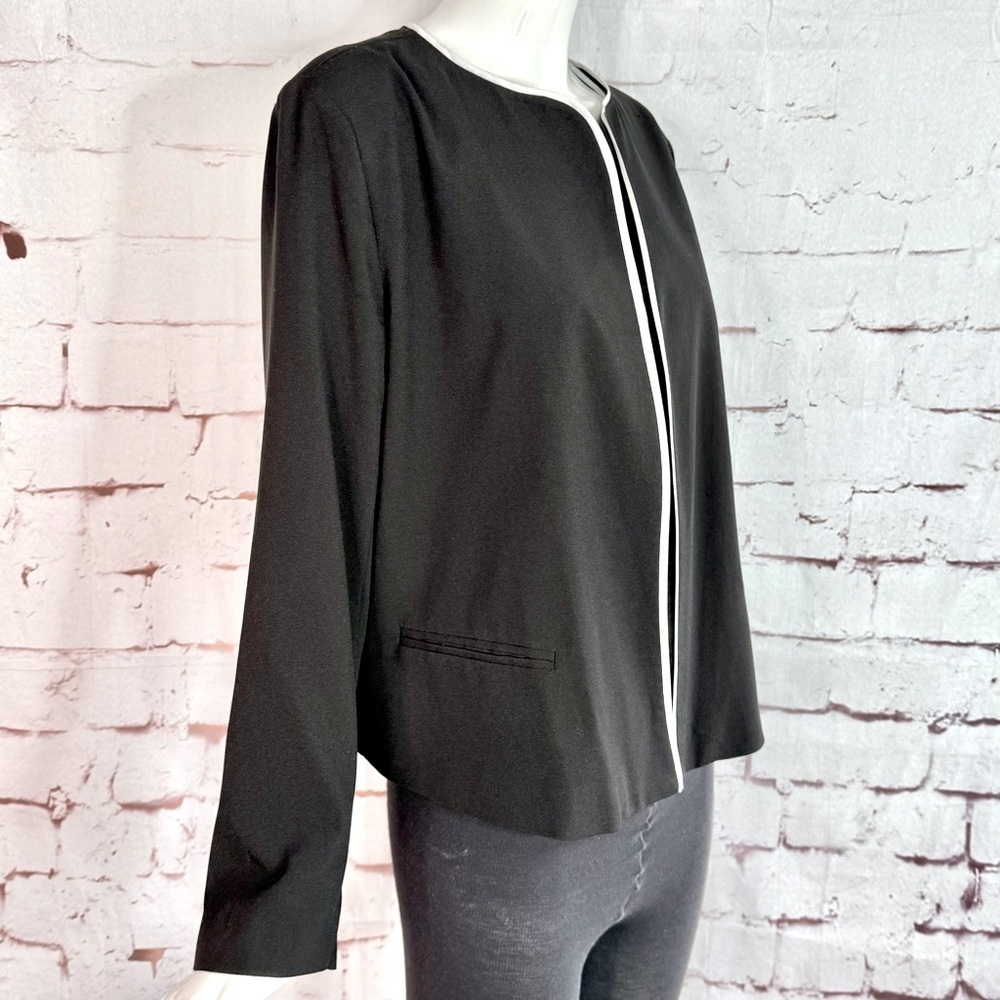 NY COLLECTION PETITE PL Black with White Piping Lightweight Open Front Blazer - Picture 15 of 15